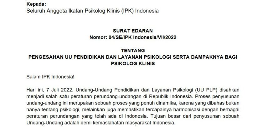 SE 04 VII 2022 Tentang Pengesahan UU Pendidikan dan Layanan Psikologi serta Dampaknya bagi Psikolog Klinis