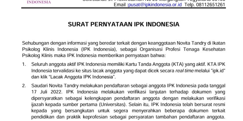 Surat Pernyataan IPK Indonesia Terkait Keanggotaan Novita Tandry
