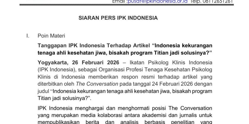 Tanggapan IPK Indonesia Atas Artikel The Conversation berjudul “Indonesia kekurangan tenaga ahli kesehatan jiwa, bisakah program Titian jadi solusinya?”