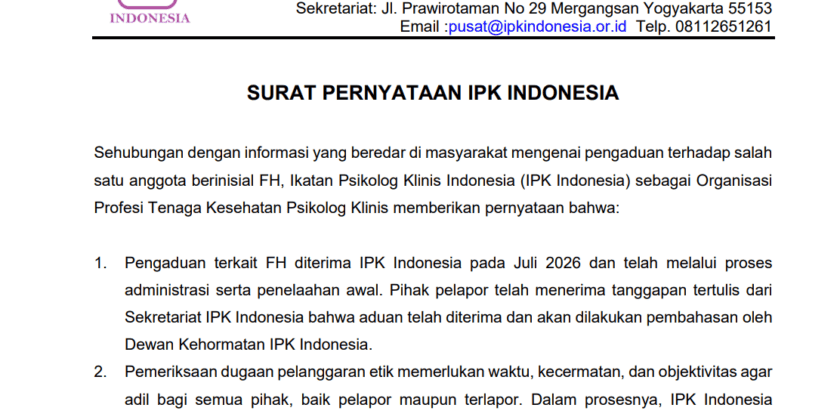 Pernyataan Resmi IPK Indonesia mengenai Penanganan Pengaduan Masyarakat terhadap FH